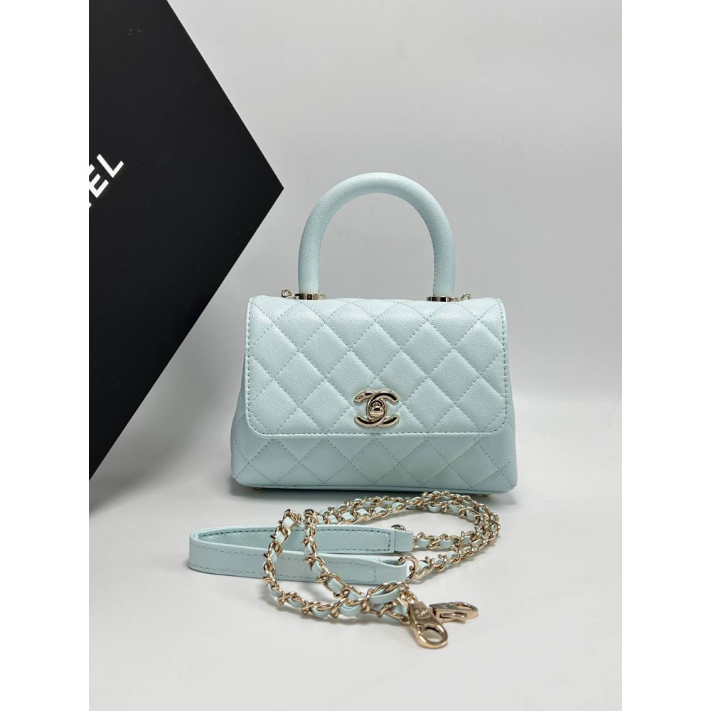 MINI FLAP BAG WITH TOP HANDLE Grained Calfskin & Gold-Tone Metal Light Blue