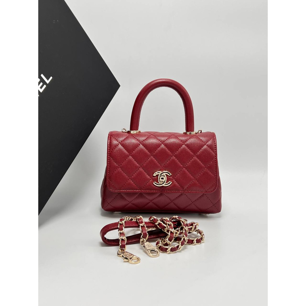 MINI FLAP BAG WITH TOP HANDLE Grained Calfskin & Gold-Tone Metal Red