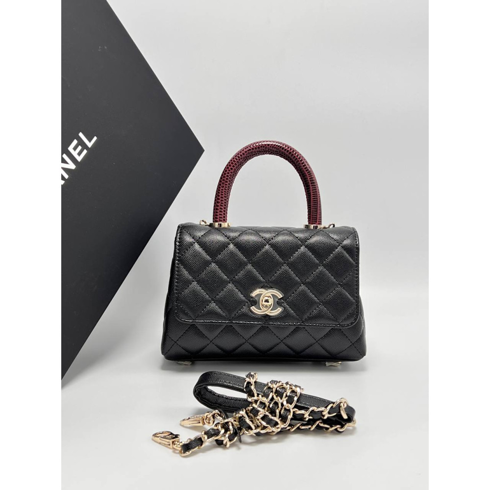 MINI FLAP BAG WITH TOP HANDLE Grained Calfskin & Gold-Tone Metal Black