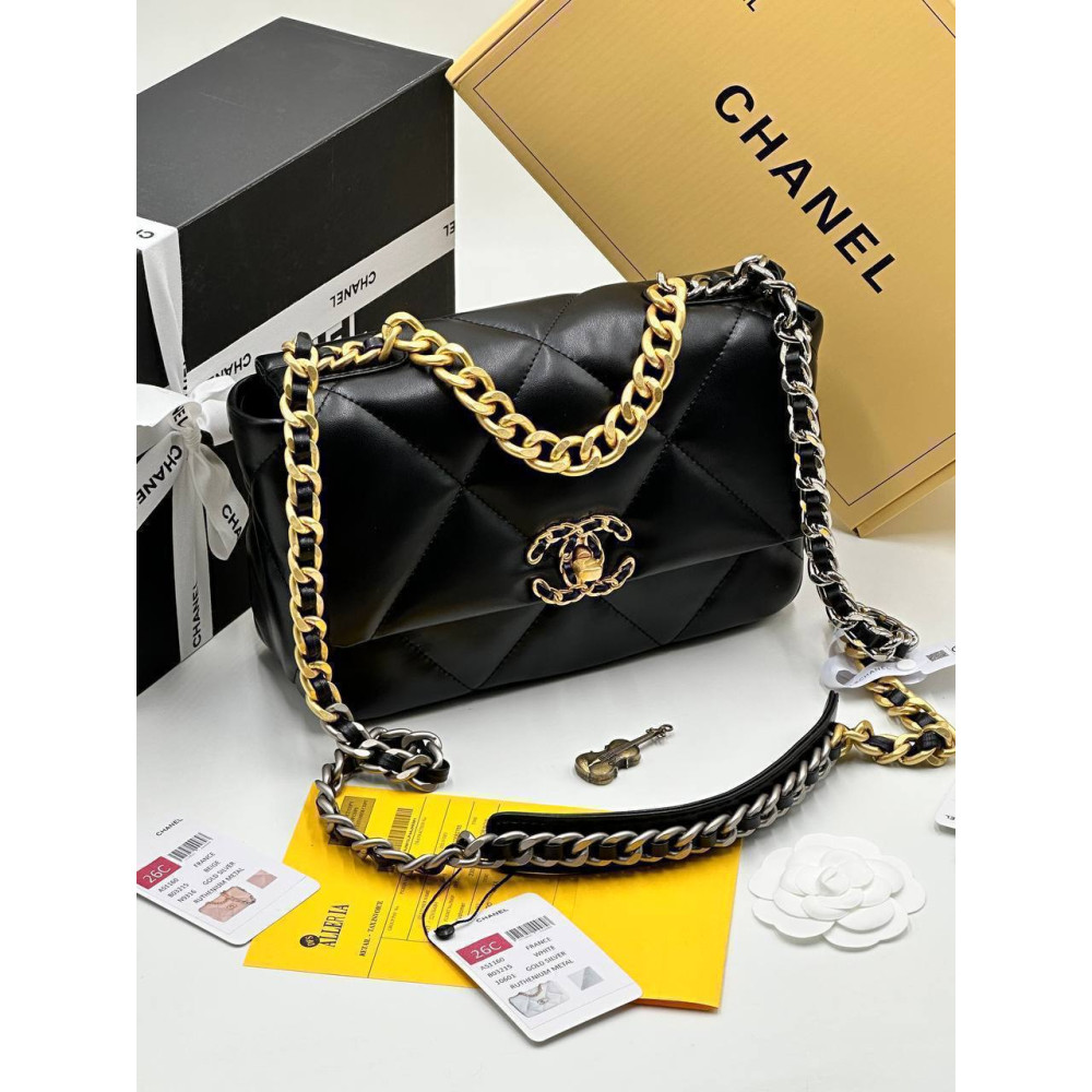 CHANEL 19 HANDBAG | Shiny Calfskin & Gold-Tone, Silver-Tone & Ruthenium-Finish Metal | Black
