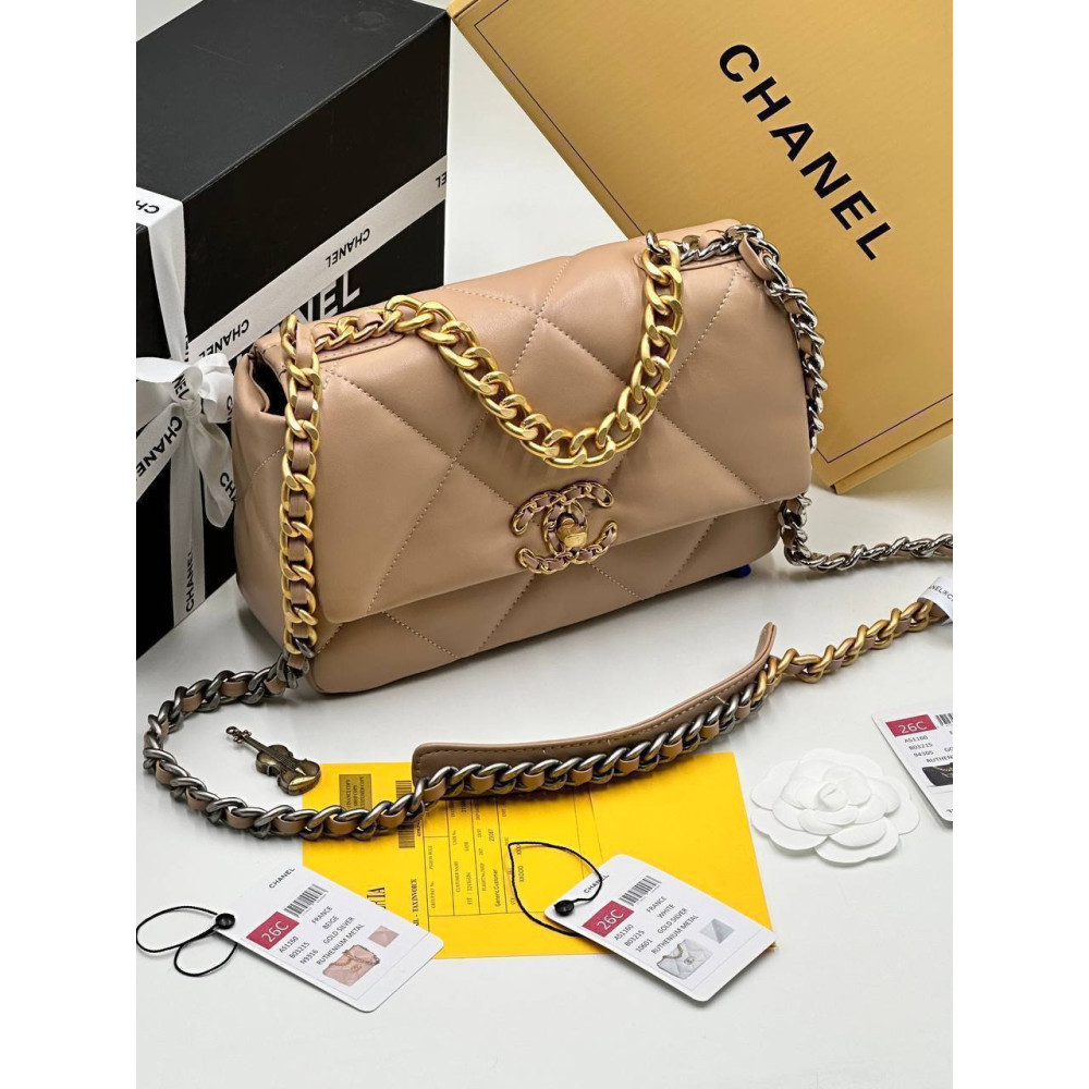 CHANEL 19 HANDBAG | Shiny Calfskin & Gold-Tone, Silver-Tone & Ruthenium-Finish Metal | Dark Beige