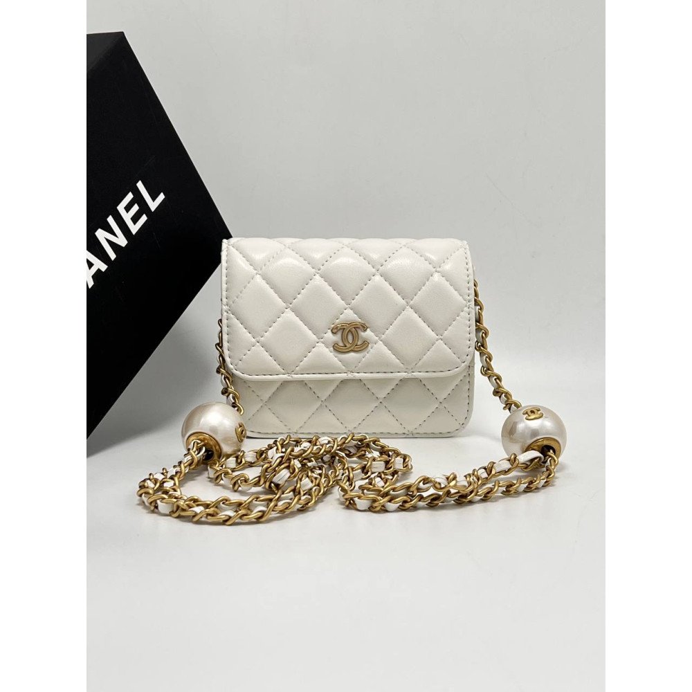 WALLET ON CHAIN | Shiny Calfskin & Gold-Tone Metal | Light Beige