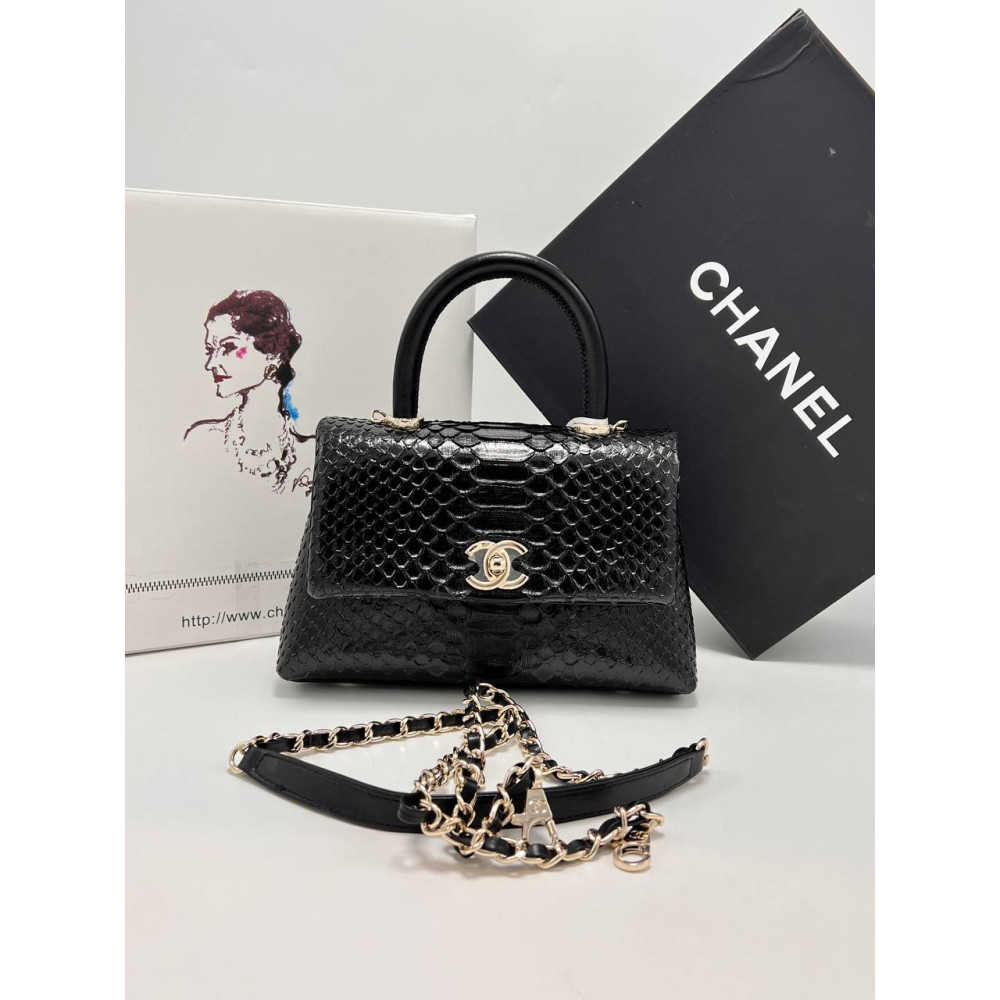 MINI FLAP BAG WITH TOP HANDLE Snake-effect Leather & Gold-Tone Metal Black