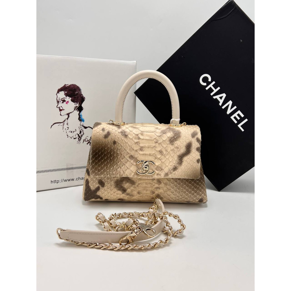 MINI FLAP BAG WITH TOP HANDLE Snake-effect Leather & Gold-Tone Metal Beige