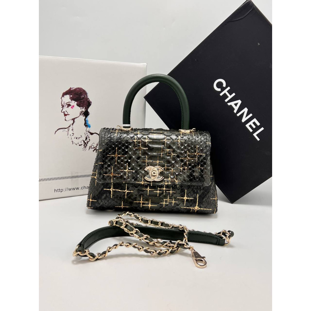 MINI FLAP BAG WITH TOP HANDLE Snake-effect Leather & Gold-Tone Metal Black/Gold