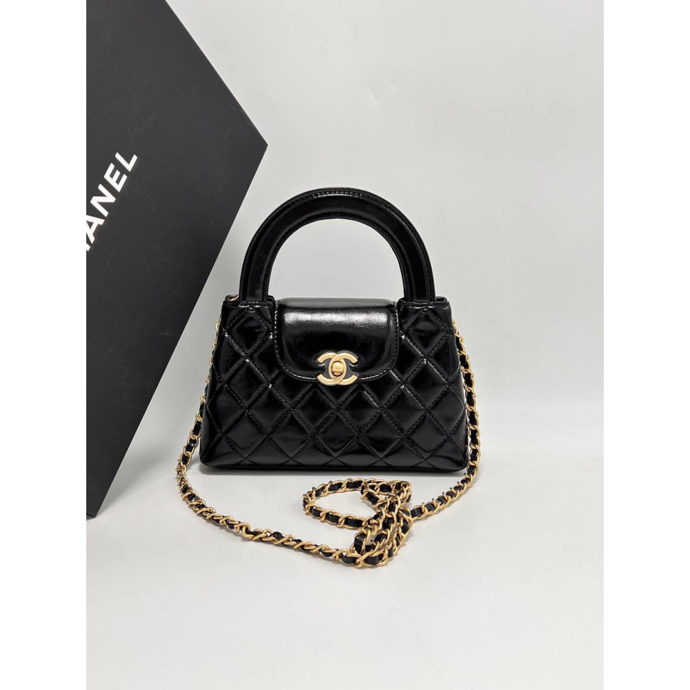 MINI SHOPPING BAG Mirror Calfskin & Gold-Tone Metal Black