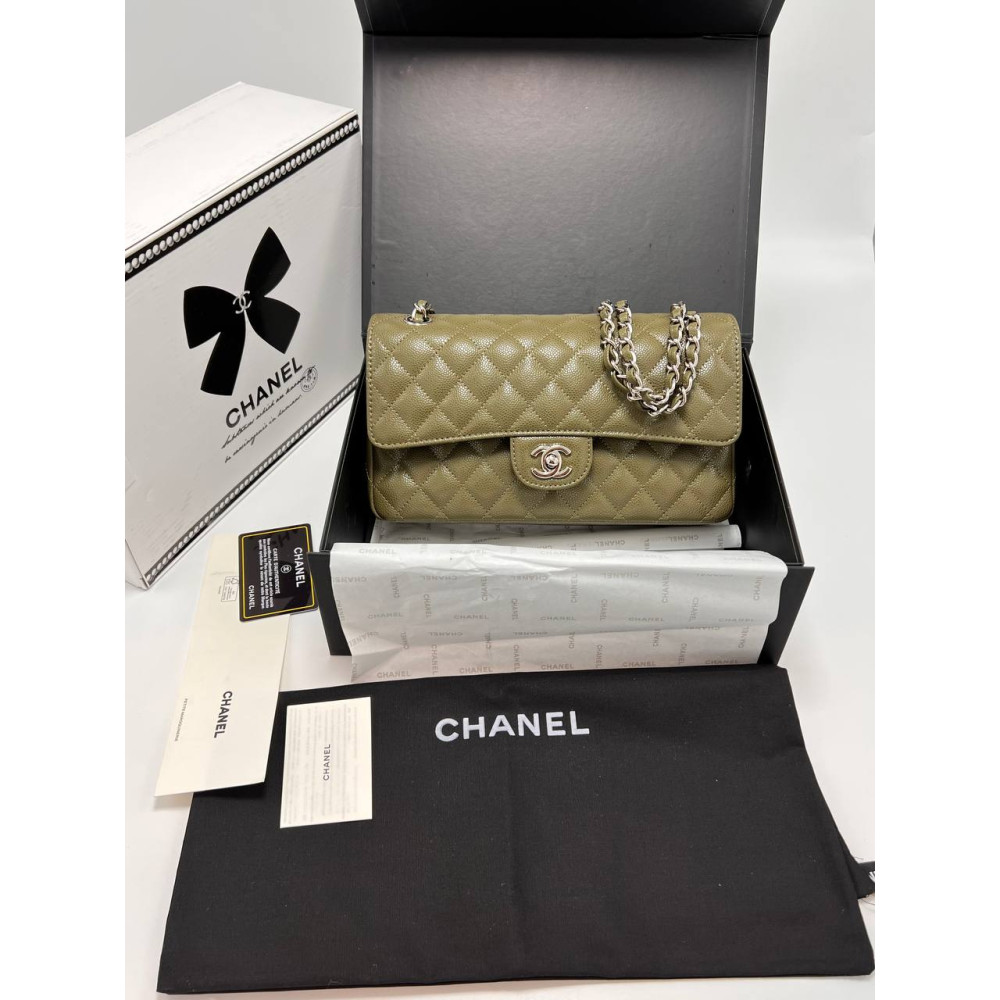 CLASSIC 11.12 HANDBAG Grained Lambskin & Silver-Tone Metal Khaki