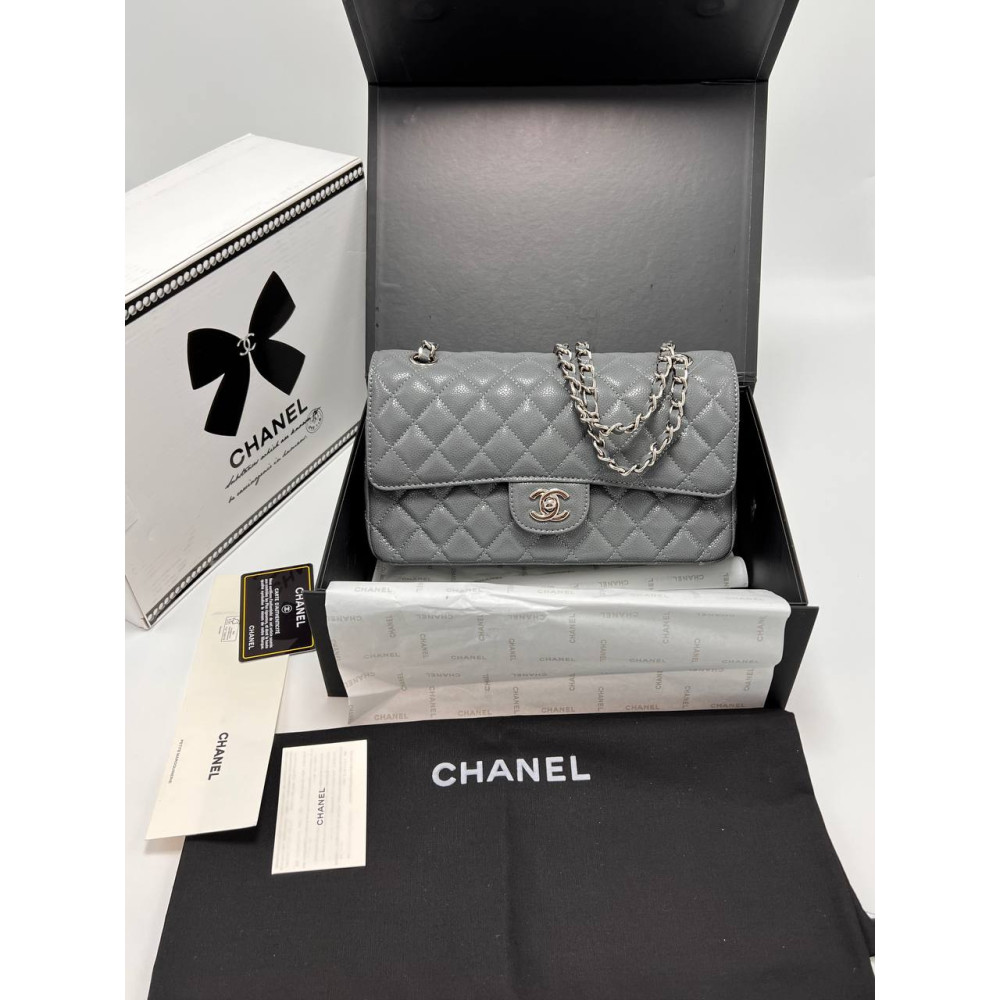 CLASSIC 11.12 HANDBAG Grained Lambskin & Silver-Tone Metal Gray