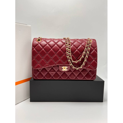 LARGE CLASSIC HANDBAG Grained Shiny Calfskin & Gold-Tone Metal Burgundy