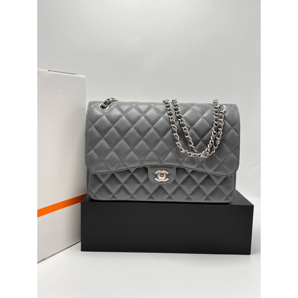 LARGE CLASSIC HANDBAG Grained Calfskin & Silver-Tone Metal Dark Gray