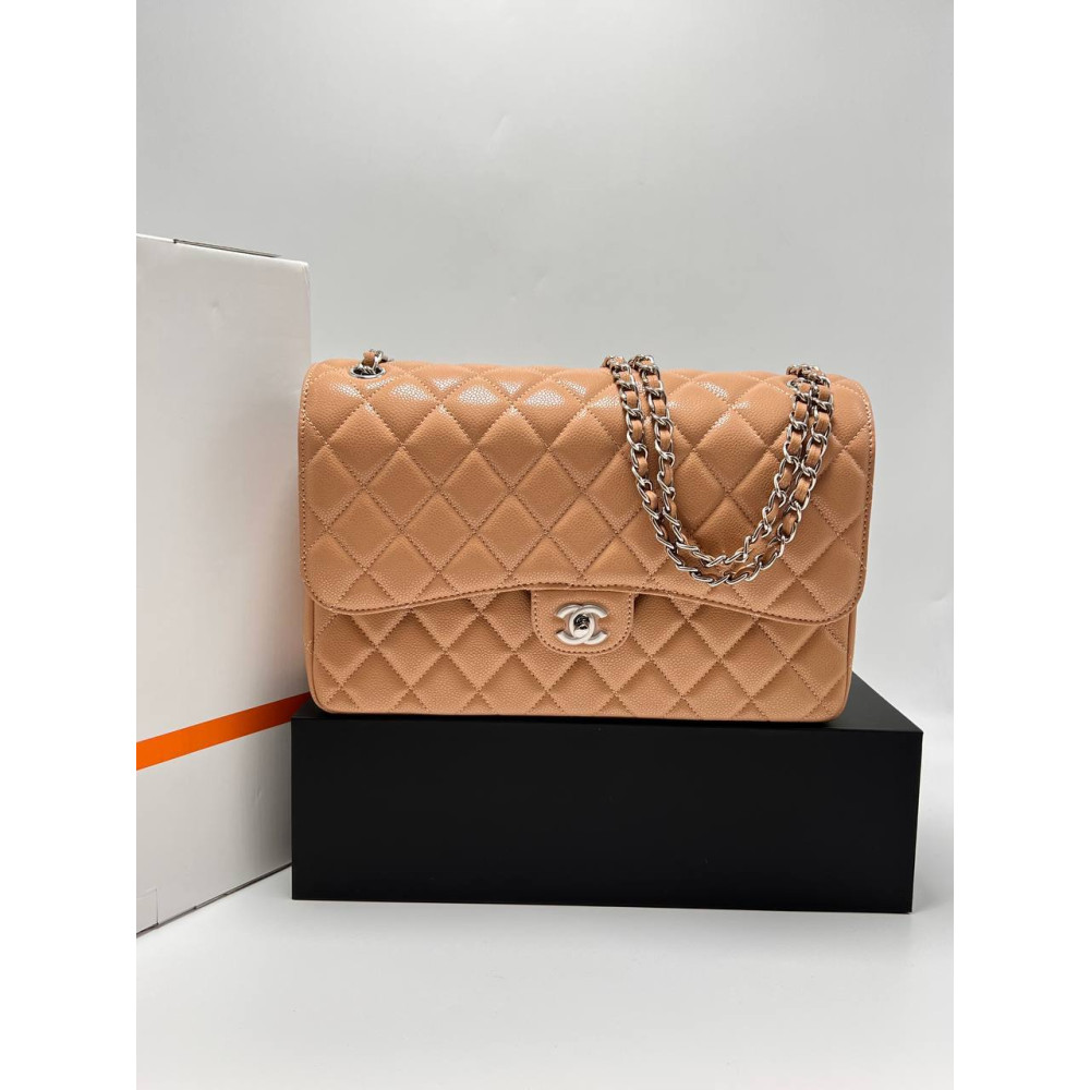 LARGE CLASSIC HANDBAG Grained Calfskin & Silver-Tone Metal Camel