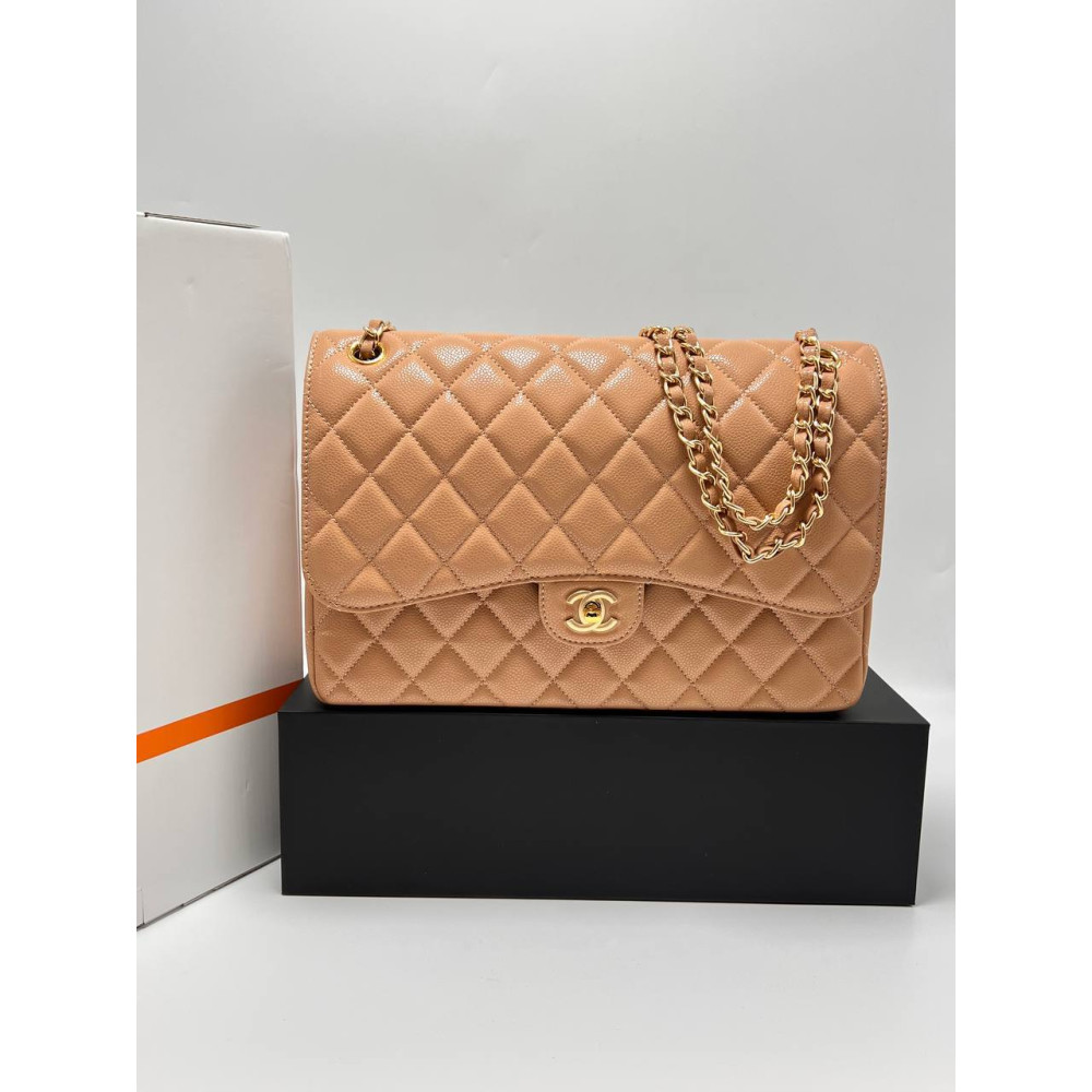 LARGE CLASSIC HANDBAG Grained Calfskin & Gold-Tone Metal Camel