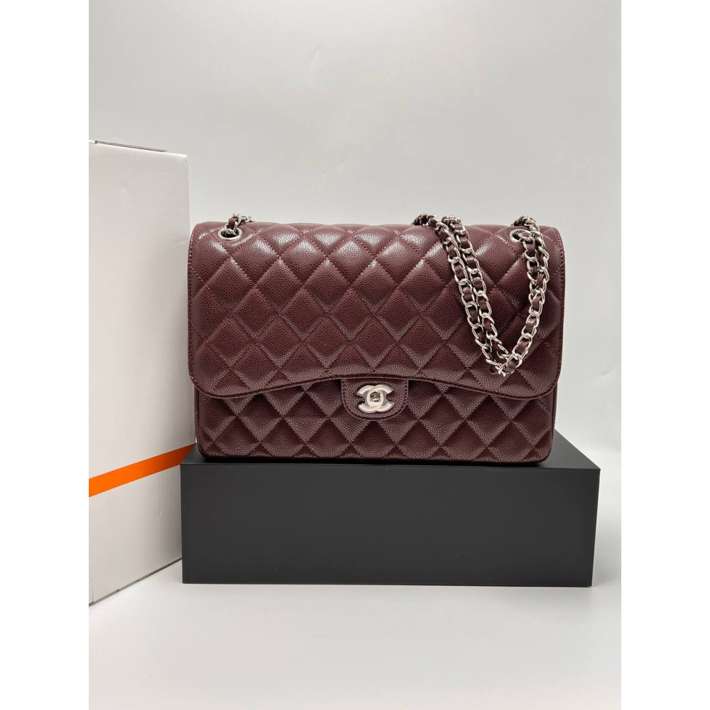 LARGE CLASSIC HANDBAG Grained Calfskin & Silver-Tone Metal Dark Burgundy