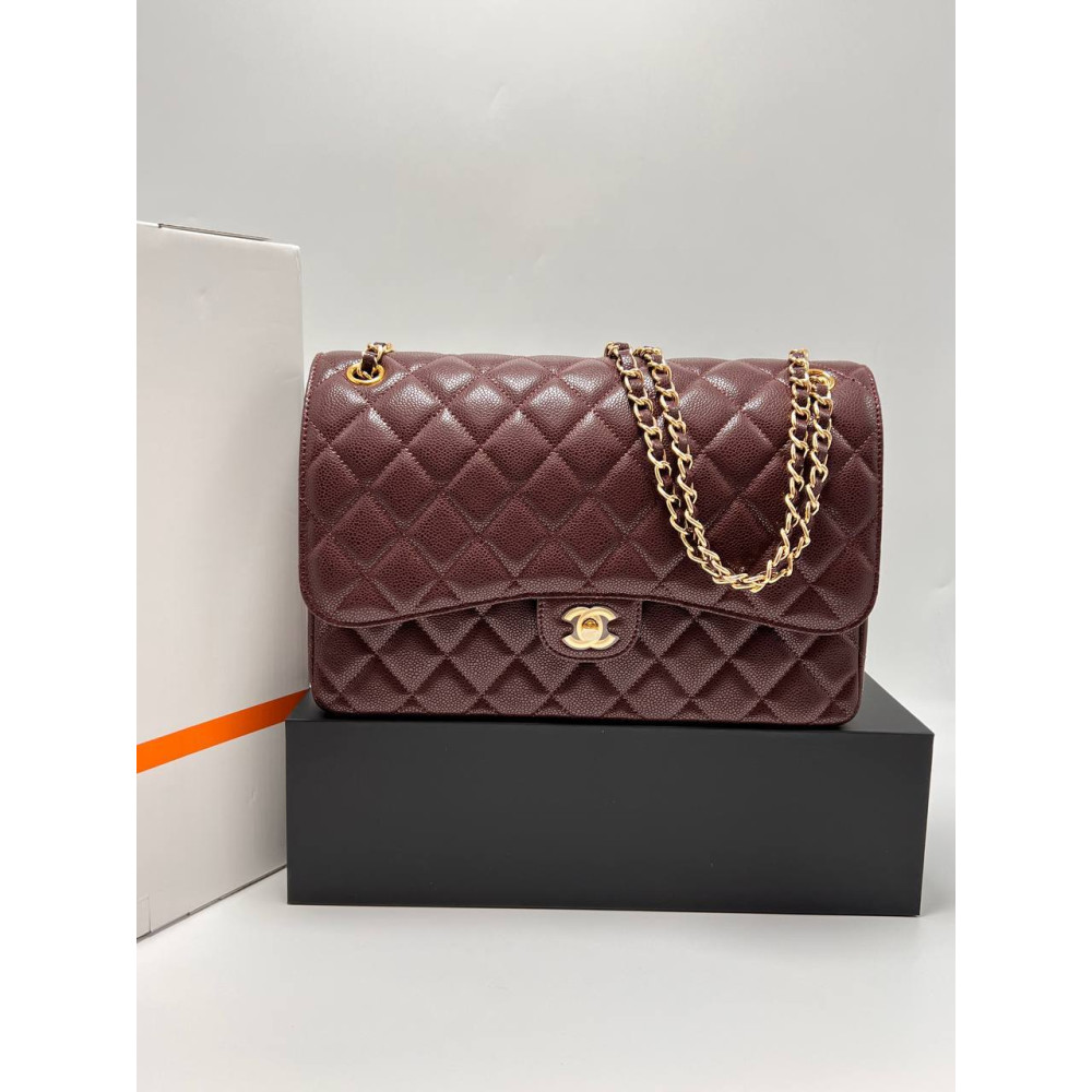 LARGE CLASSIC HANDBAG Grained Calfskin & Gold-Tone Metal Dark Burgundy