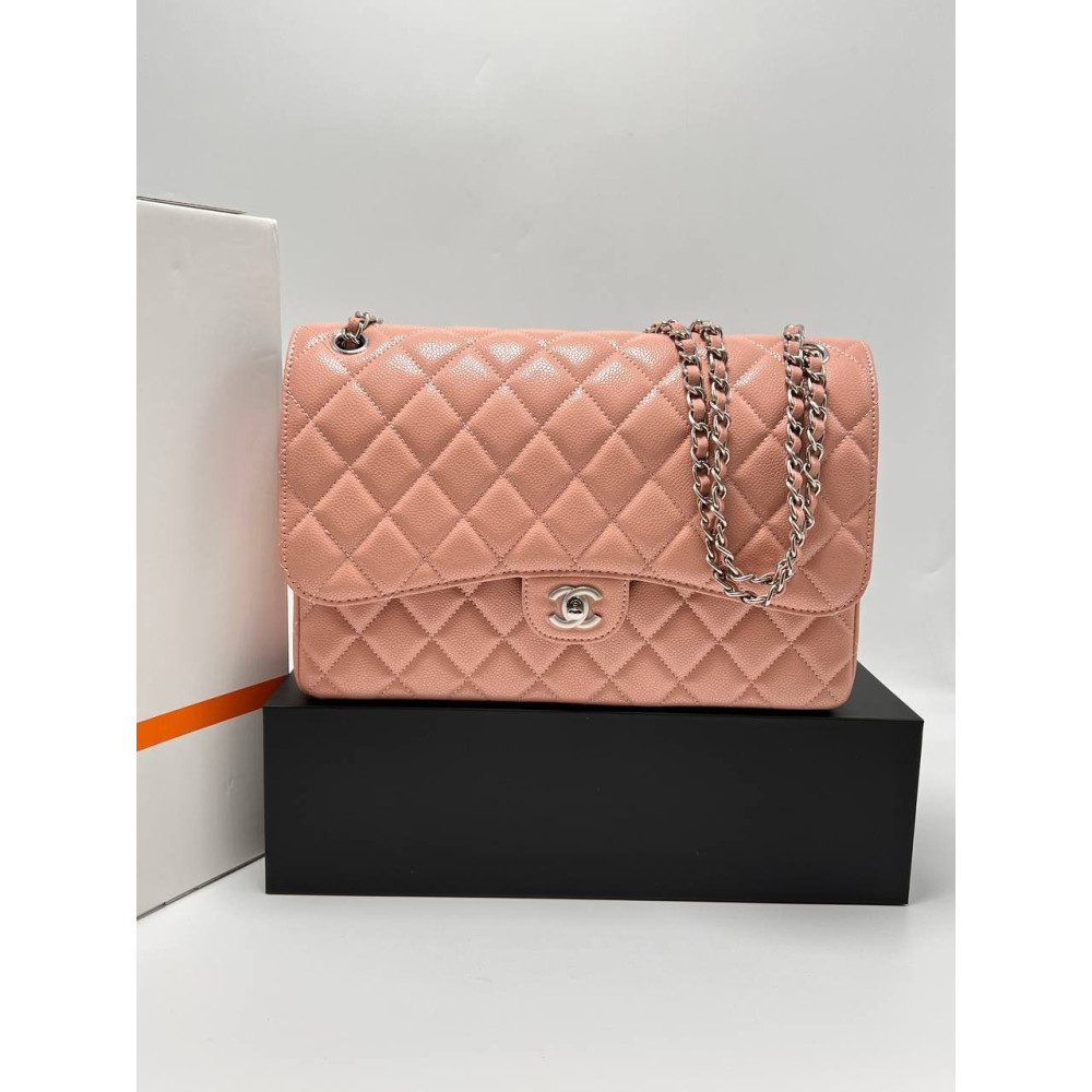 LARGE CLASSIC HANDBAG Grained Calfskin & Silver-Tone Metal Pink