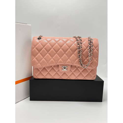 LARGE CLASSIC HANDBAG Grained Calfskin & Silver-Tone Metal Pink