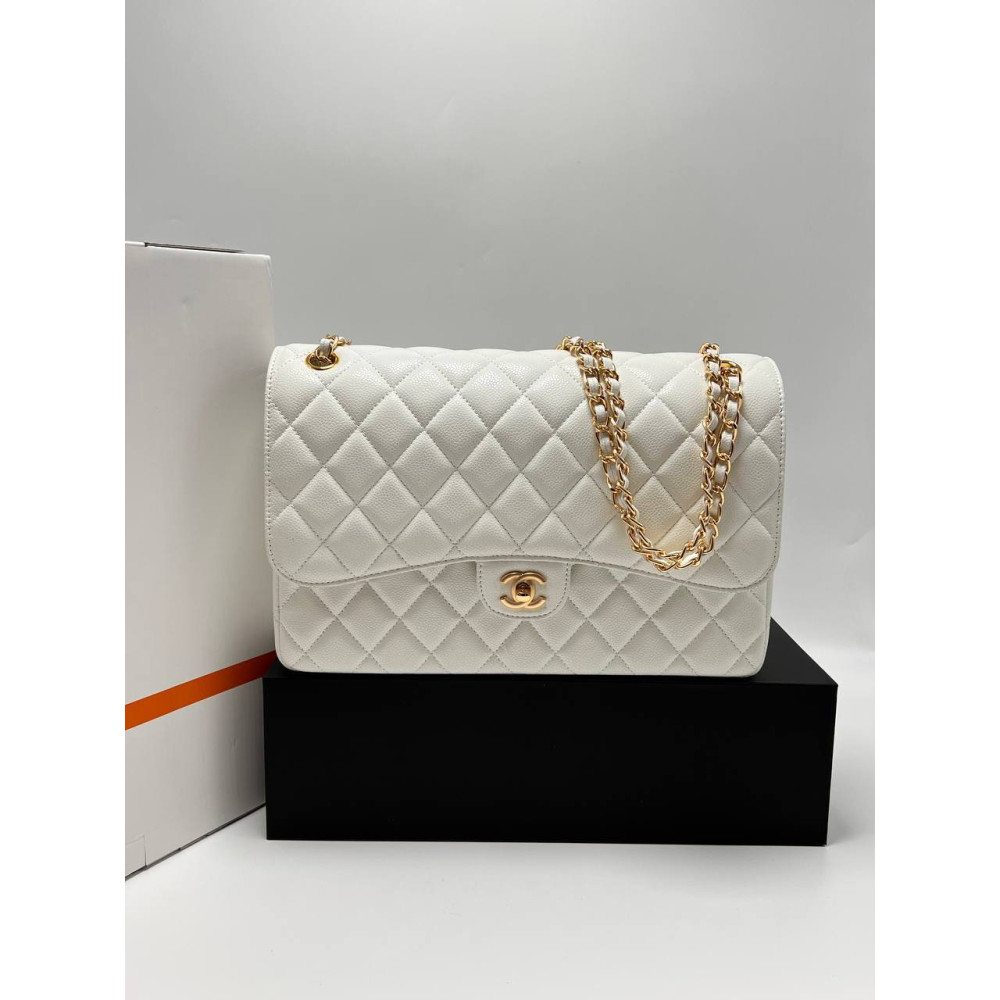 LARGE CLASSIC HANDBAG Grained Calfskin & Gold-Tone Metal White