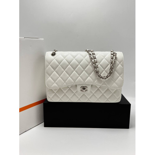 LARGE CLASSIC HANDBAG Grained Calfskin & Silver-Tone Metal White