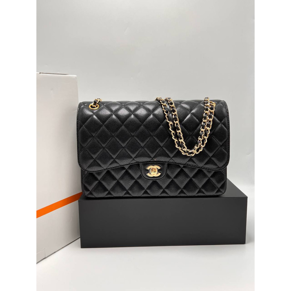 LARGE CLASSIC HANDBAG Grained Calfskin & Gold-Tone Metal Black
