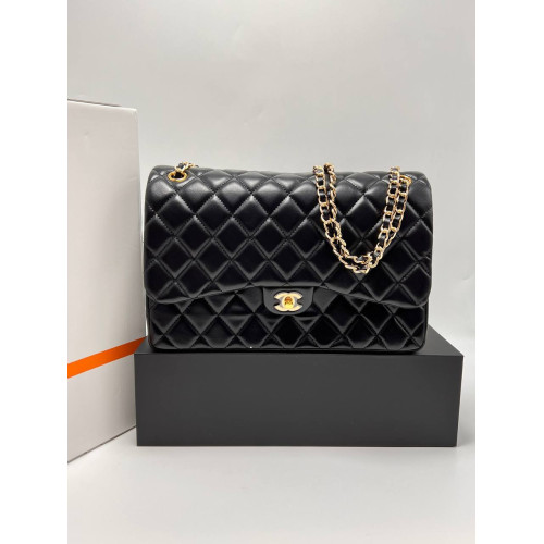 LARGE CLASSIC HANDBAG Grained Shiny Calfskin & Gold-Tone Metal Black