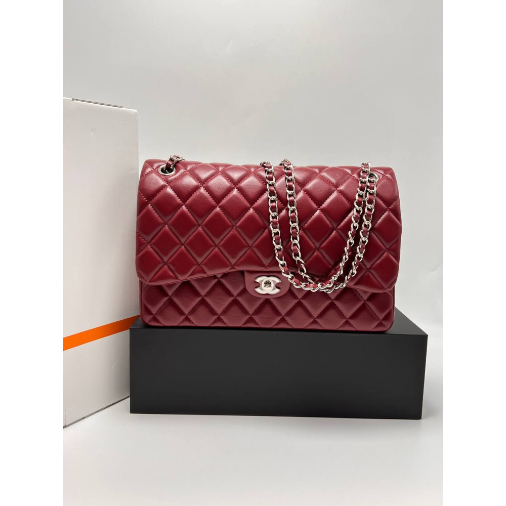 LARGE CLASSIC HANDBAG Grained Shiny Calfskin & Silver-Tone Metal Burgundy