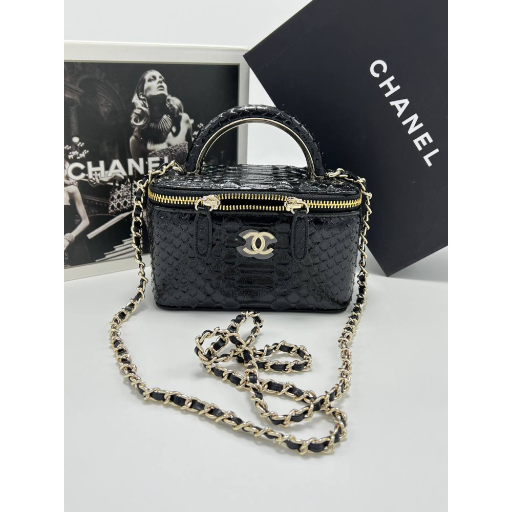 LONG VANITY WITH CHAIN Snake-effect Leather & Gold-Tone Metal Black