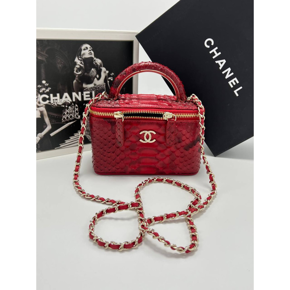 LONG VANITY WITH CHAIN Snake-effect Leather & Gold-Tone Metal Red