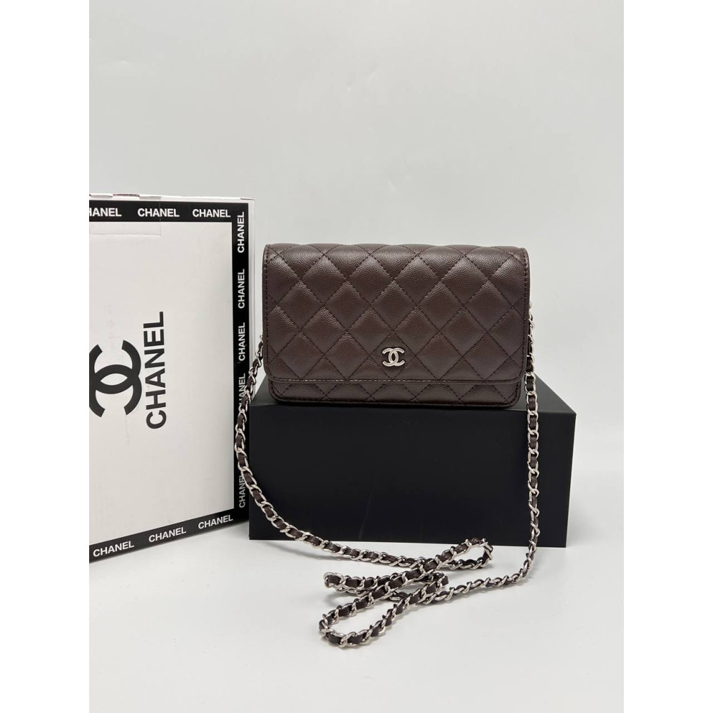 WALLET ON CHAIN Grained Calfskin & Silver-Tone Metal Dark Brown