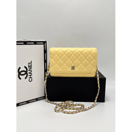 WALLET ON CHAIN Grained Shiny Calfskin & Silver-Tone Metal Yellow