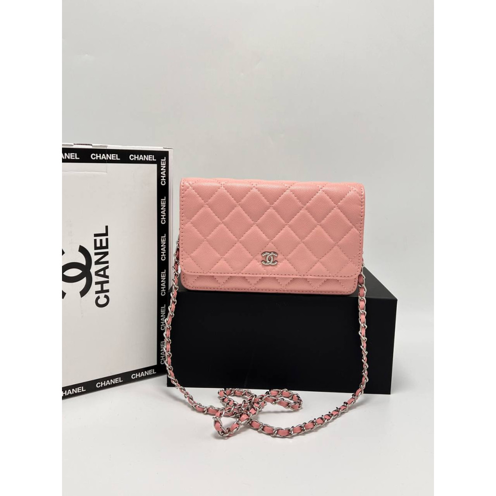 WALLET ON CHAIN Grained Calfskin & Silver-Tone Metal Pink